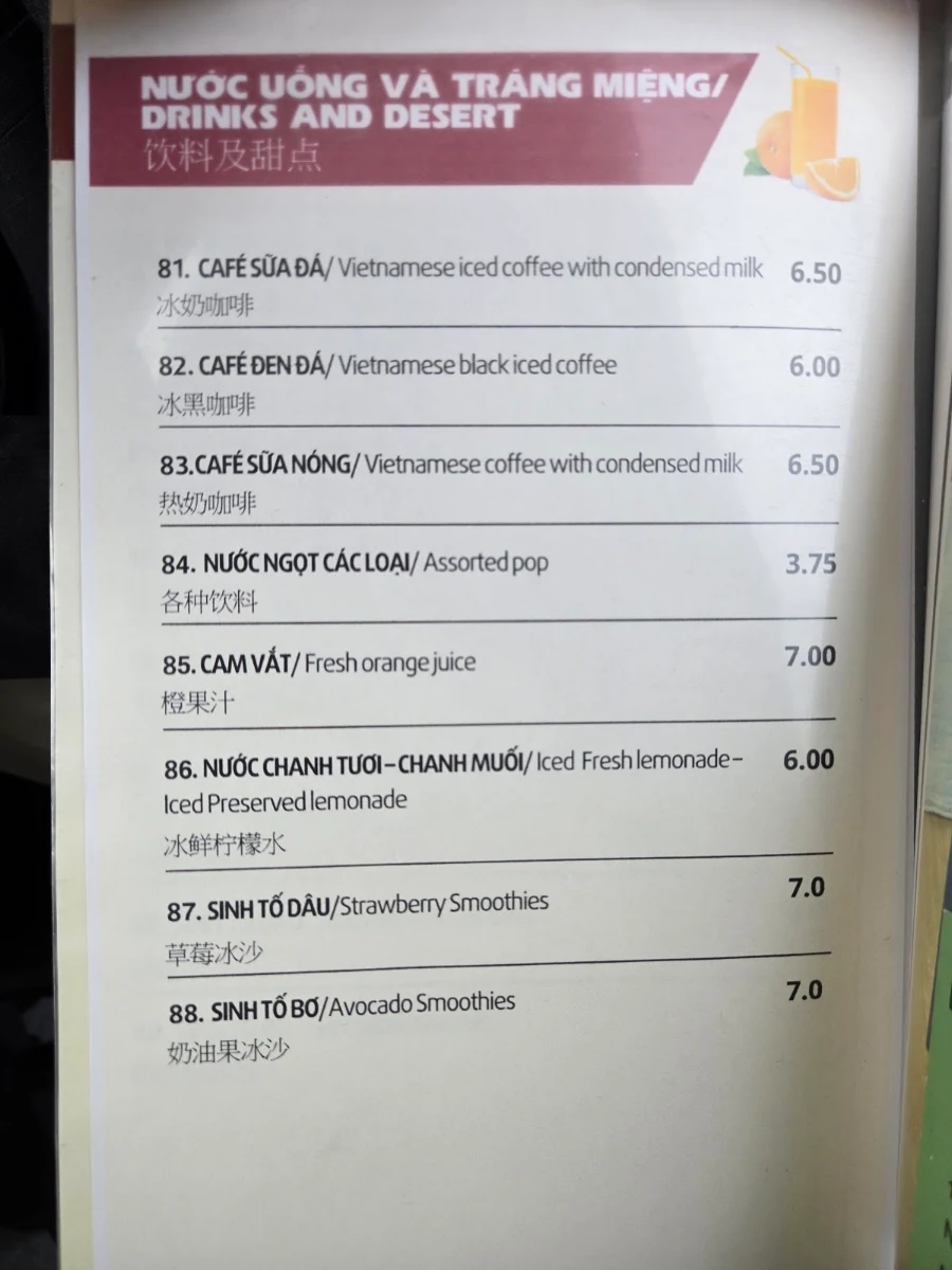 Menu, La Maison Da Nang