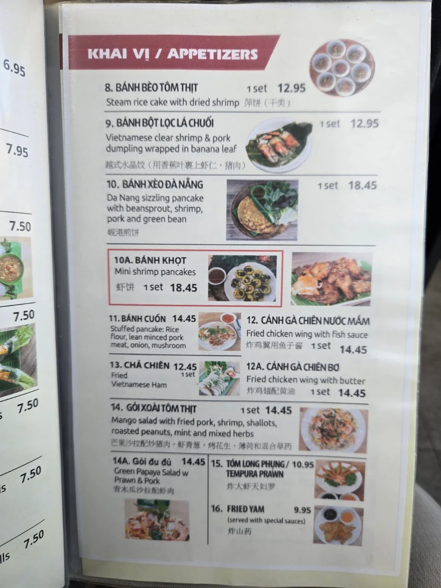 Menu, La Maison Da Nang