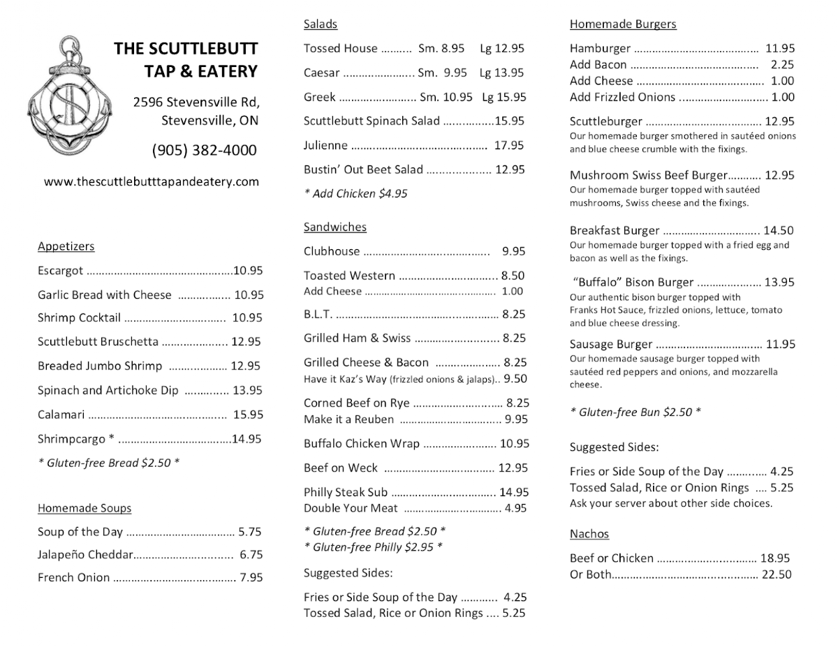 Menu, Scuttlebutt Tap & Eatery