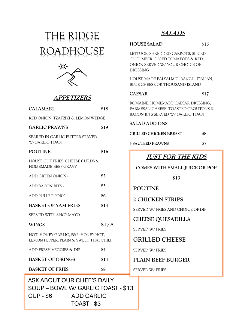 Menu, The Ridge Roadhouse