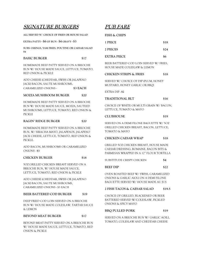 Menu, The Ridge Roadhouse