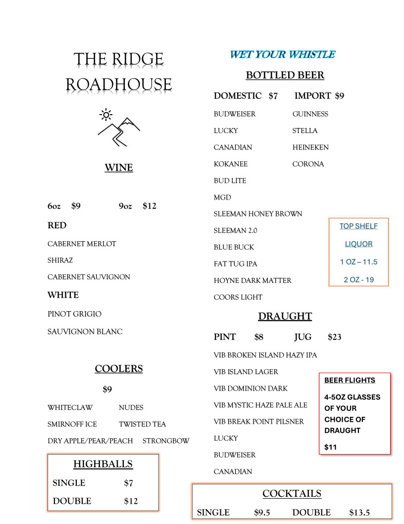 Menu, The Ridge Roadhouse