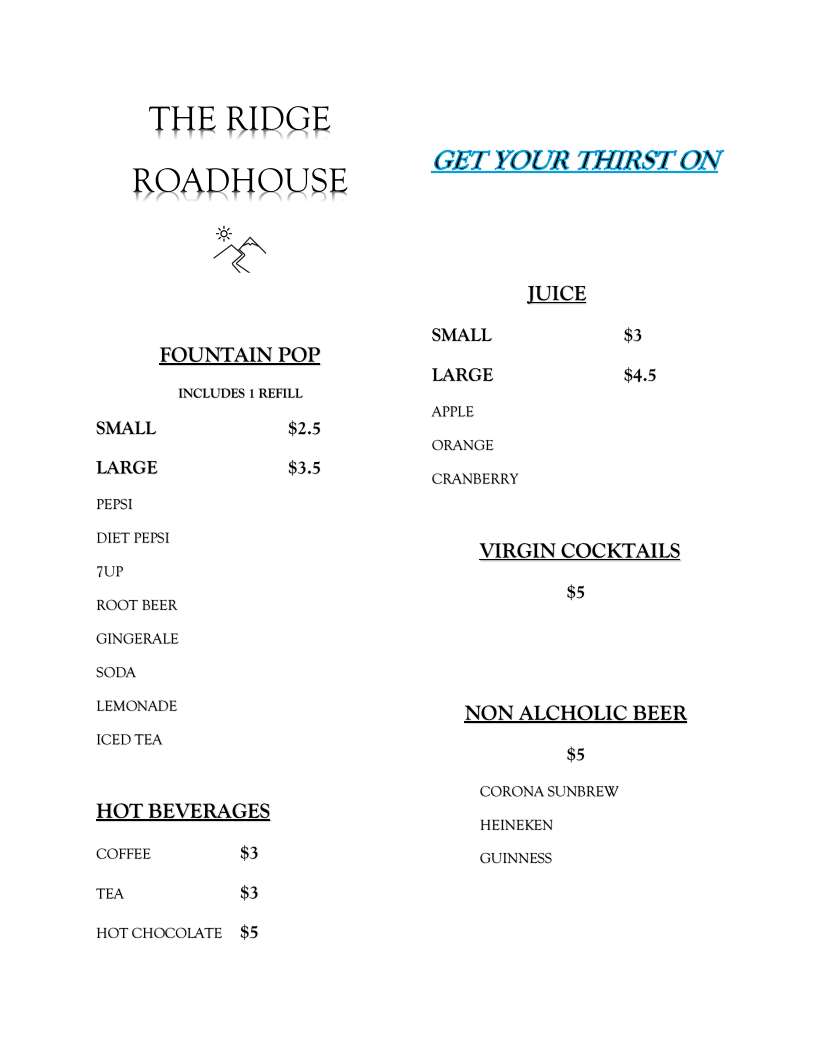 Menu, The Ridge Roadhouse