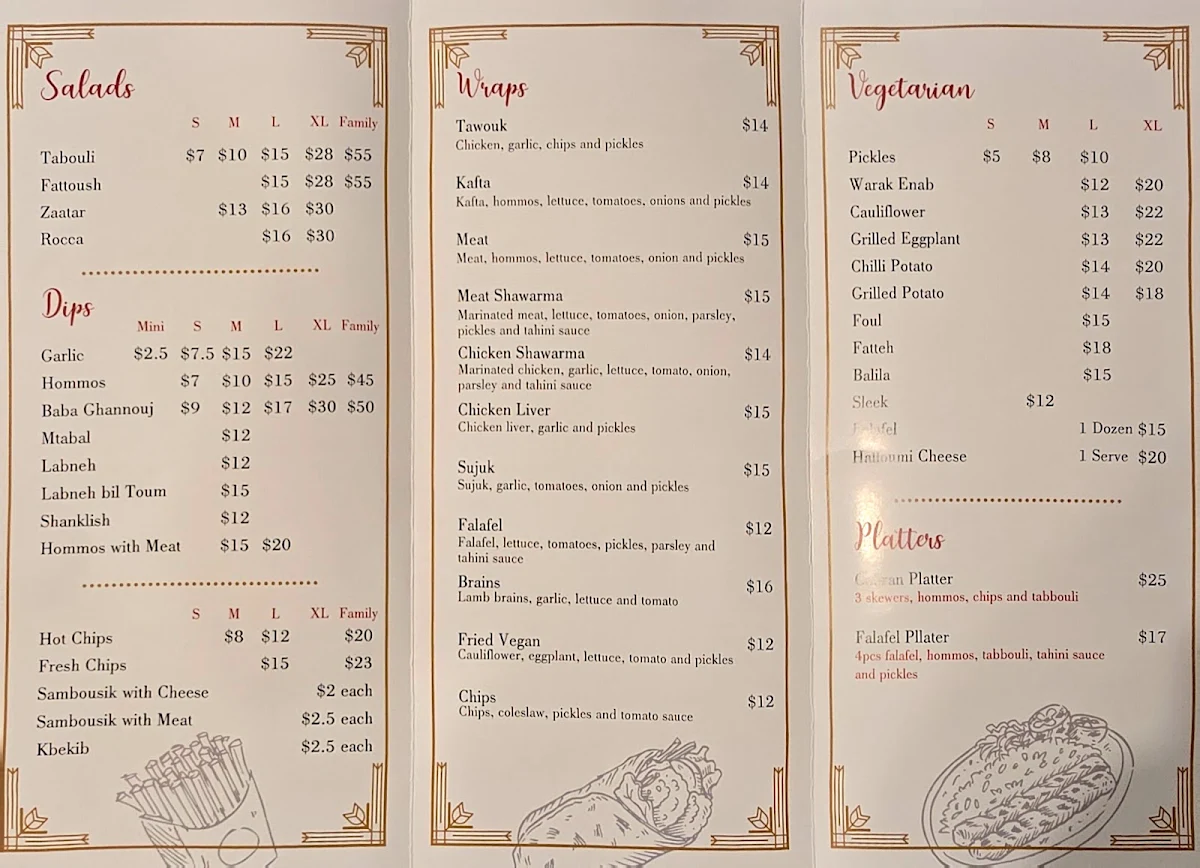 Menu, Gebran Lebanese Cuisine