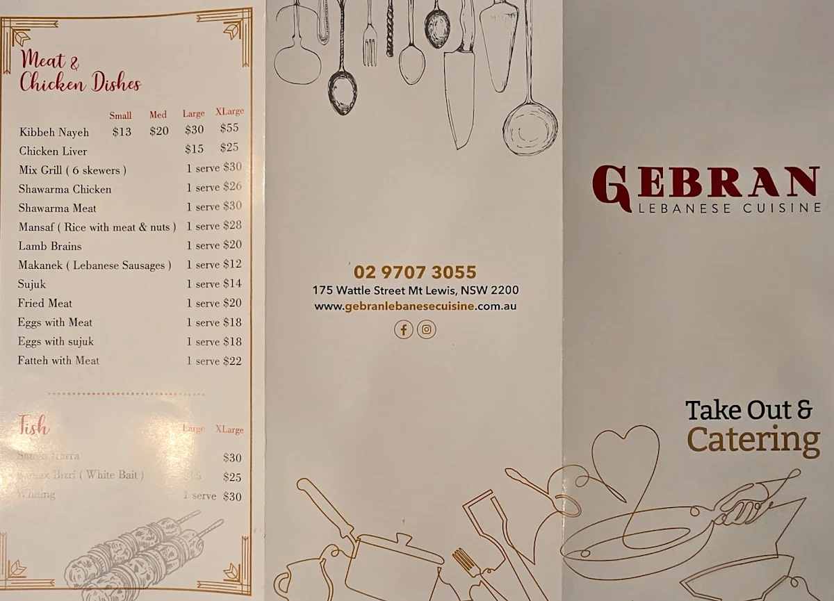 Menu, Gebran Lebanese Cuisine