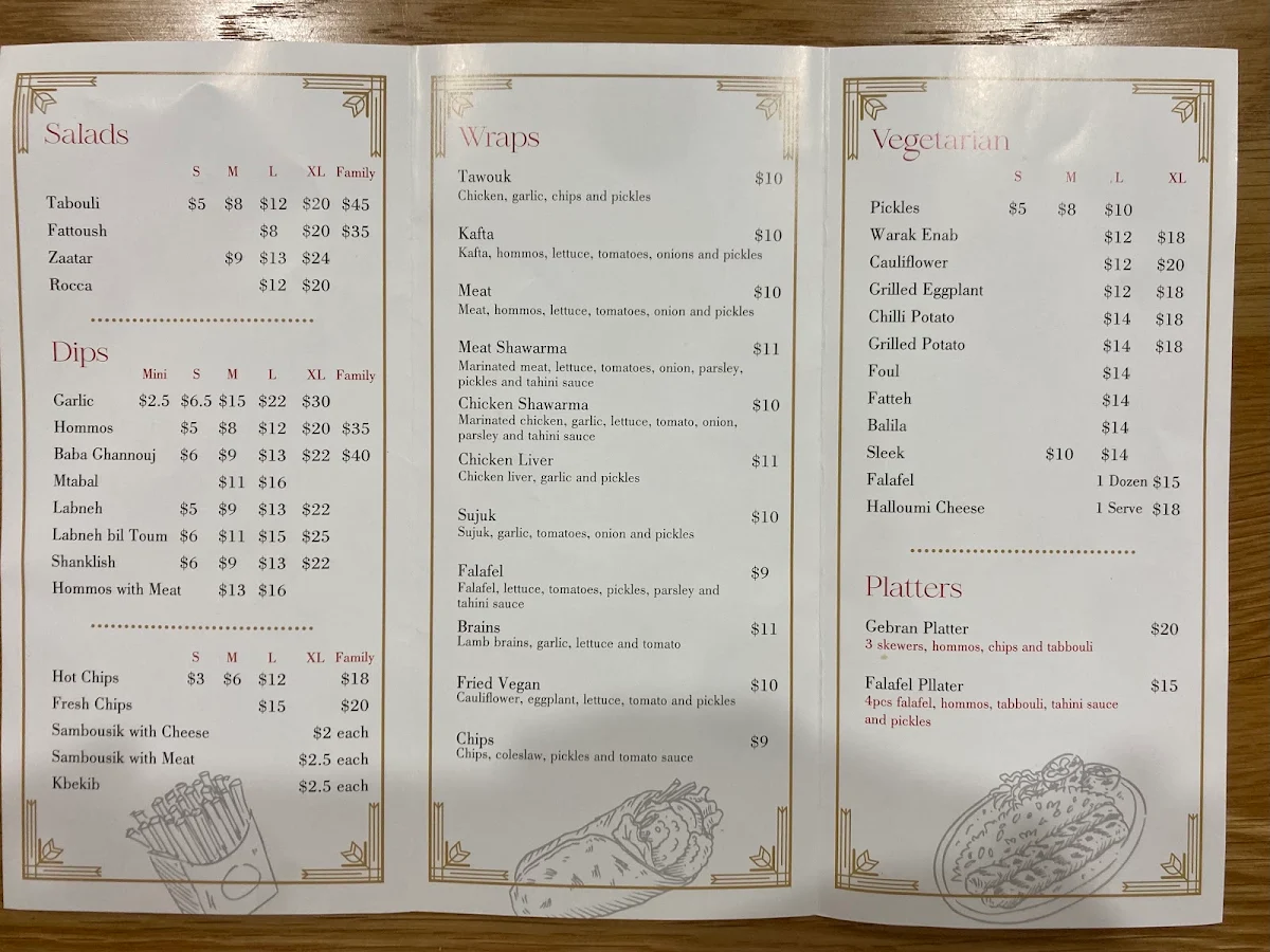 Menu, Gebran Lebanese Cuisine