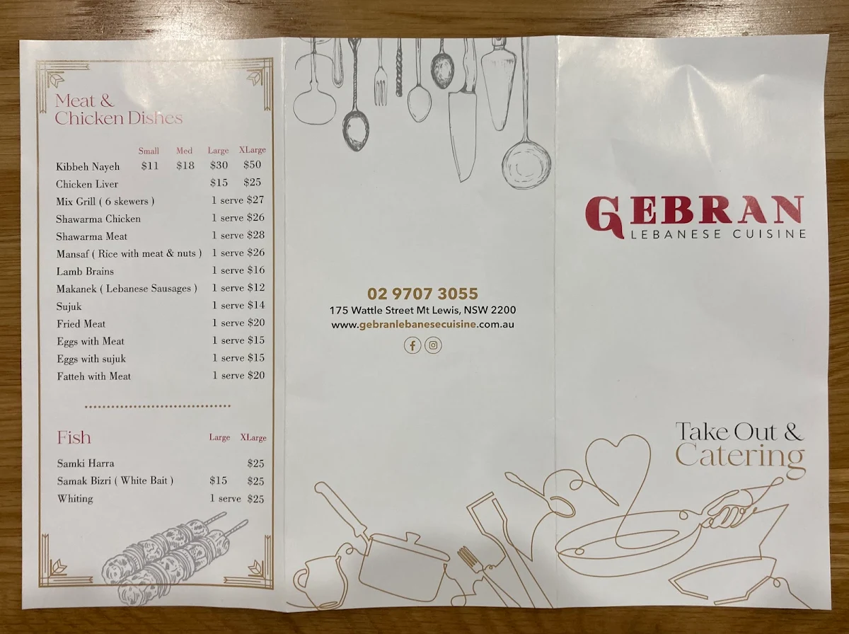 Menu, Gebran Lebanese Cuisine