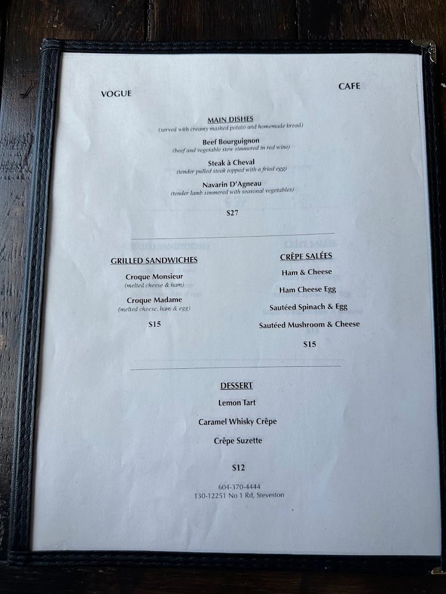 Menu, Vogue Café