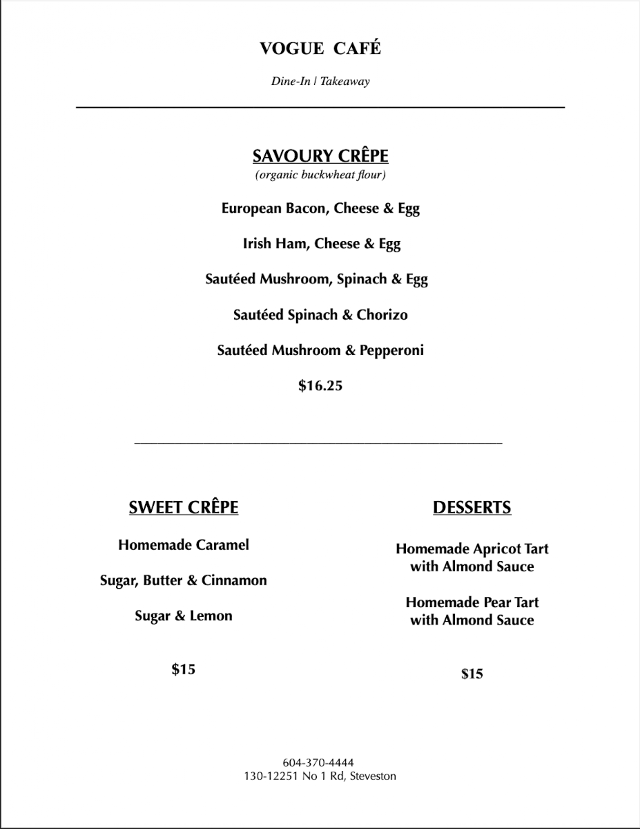 Menu, Vogue Café