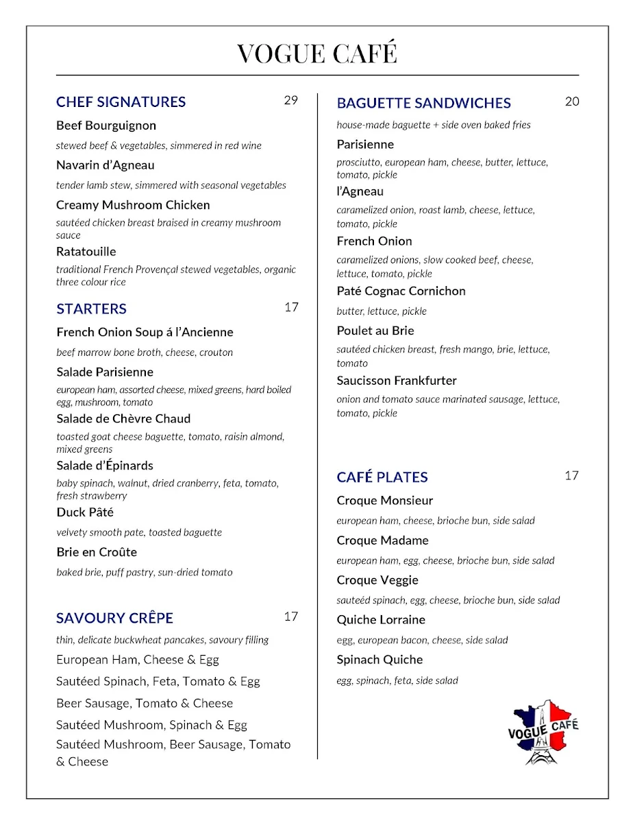 Menu, Vogue Café