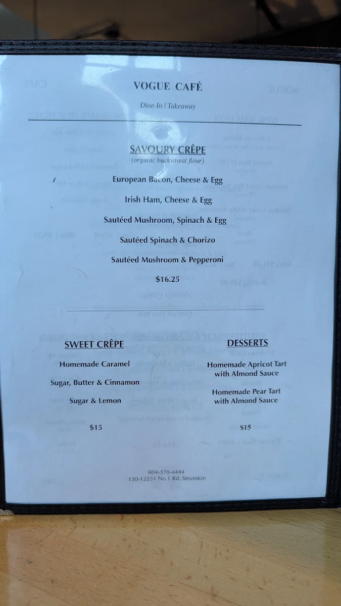 Menu, Vogue Café