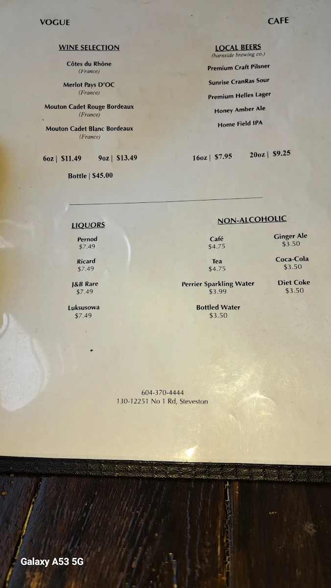 Menu, Vogue Café