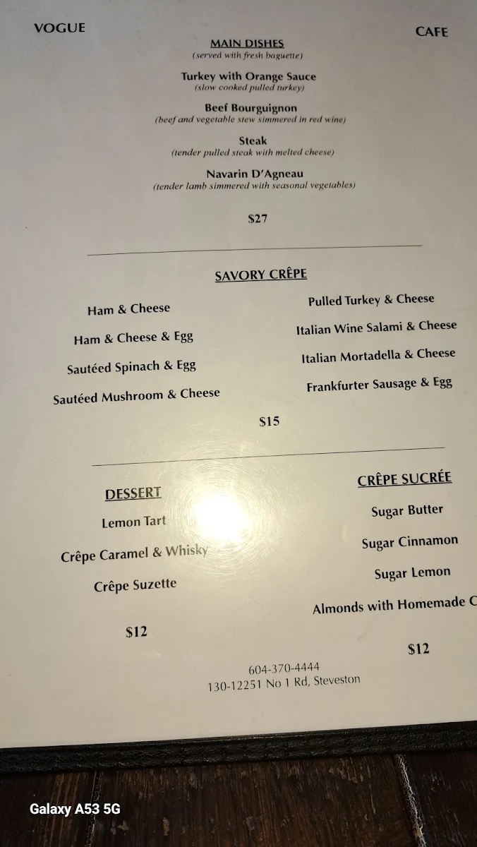 Menu, Vogue Café
