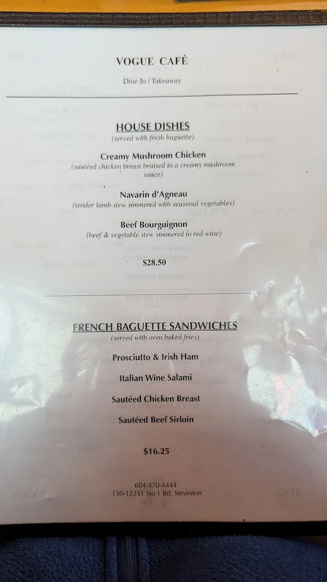 Menu, Vogue Café