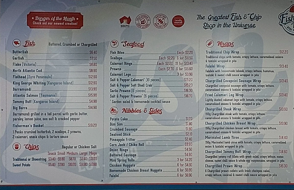 Menu, Fish Out of Water Hyde Park