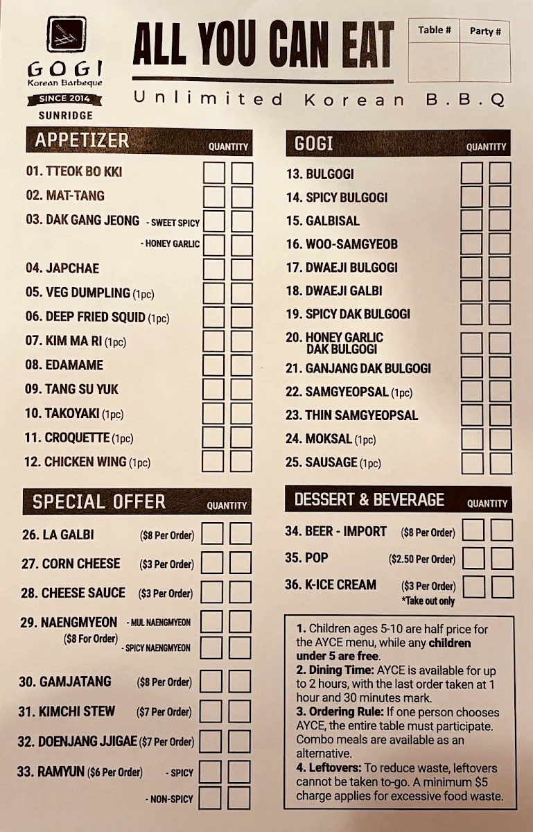 Menu, Gogi Korean BBQ - Sunridge, NE Calgary