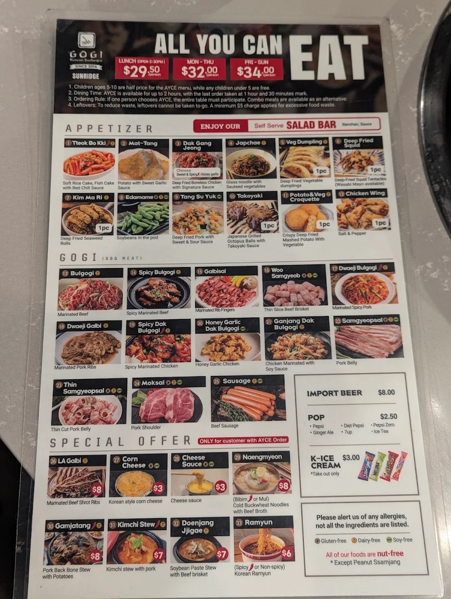 Menu, Gogi Korean BBQ - Sunridge, NE Calgary