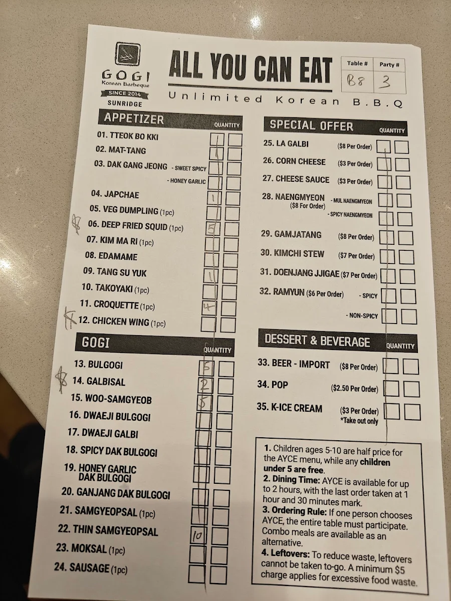 Menu, Gogi Korean BBQ - Sunridge, NE Calgary