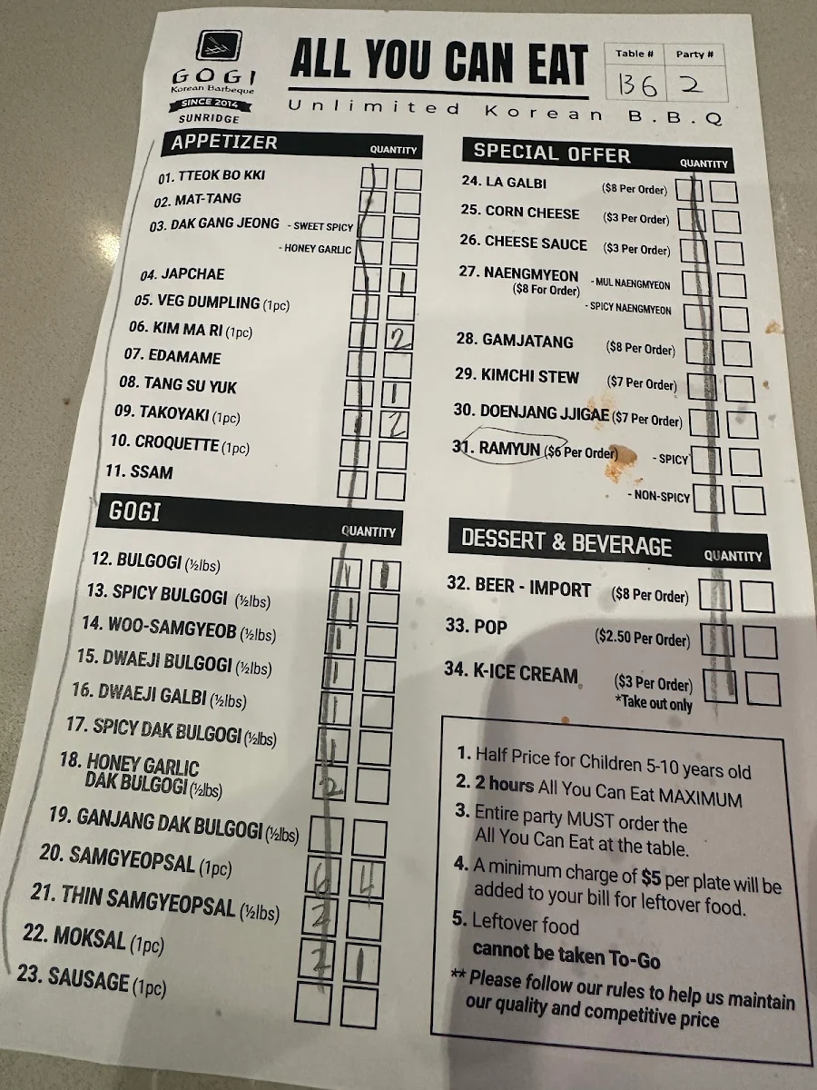 Menu, Gogi Korean BBQ - Sunridge, NE Calgary