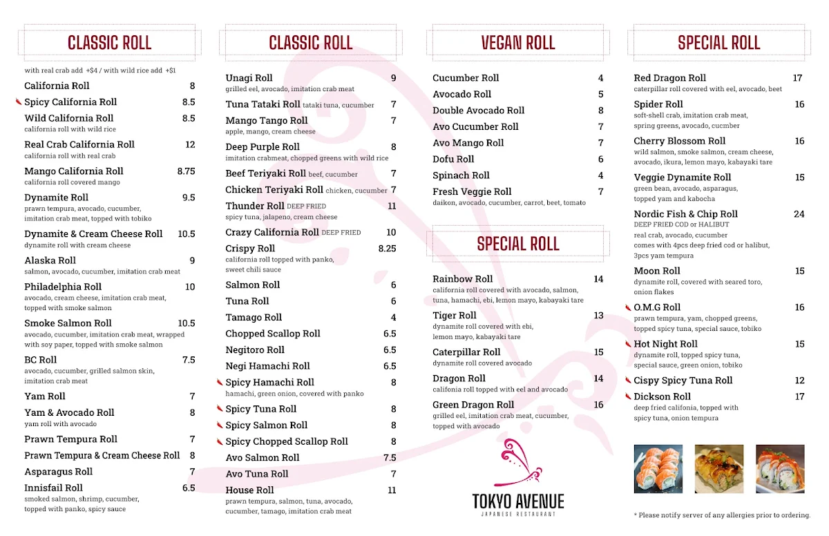 Menu, Tokyo Avenue
