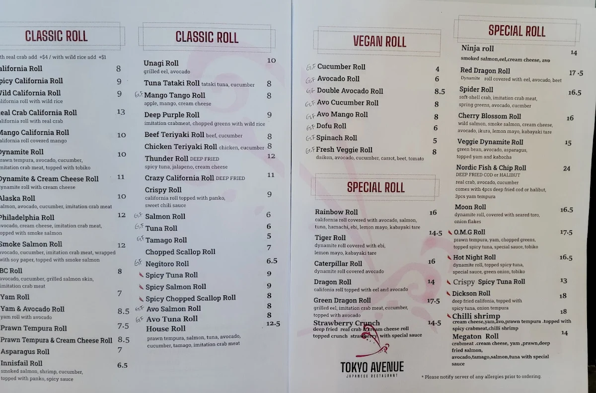Menu, Tokyo Avenue