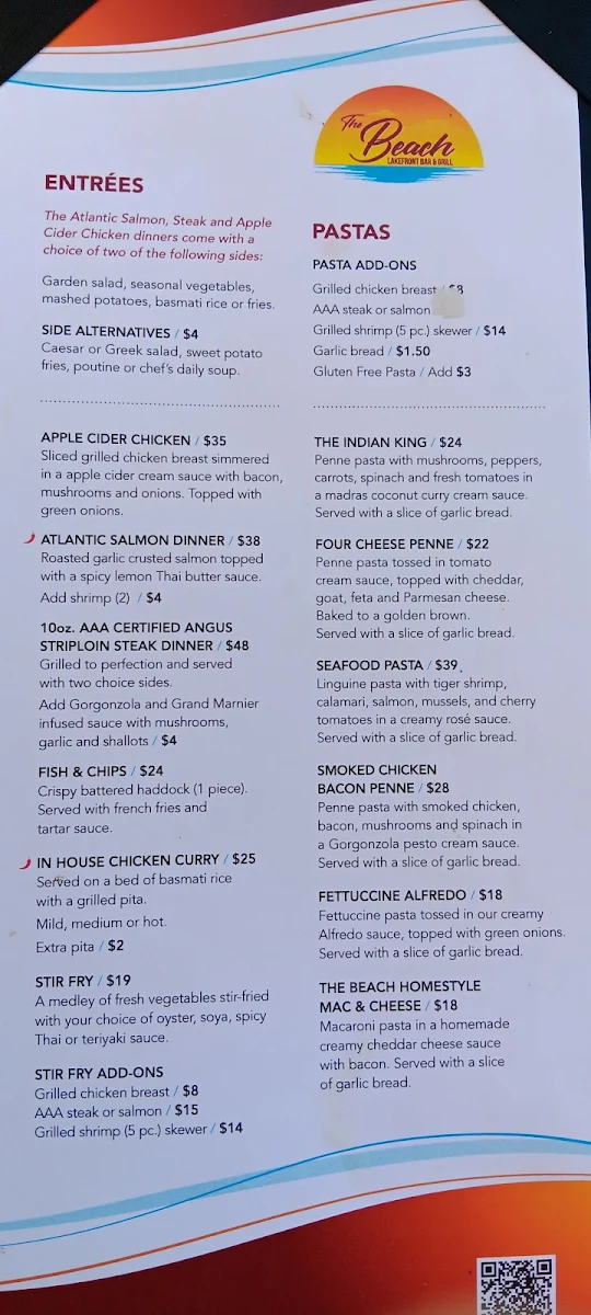 Menu, The Beach Lakefront Bar & Grill