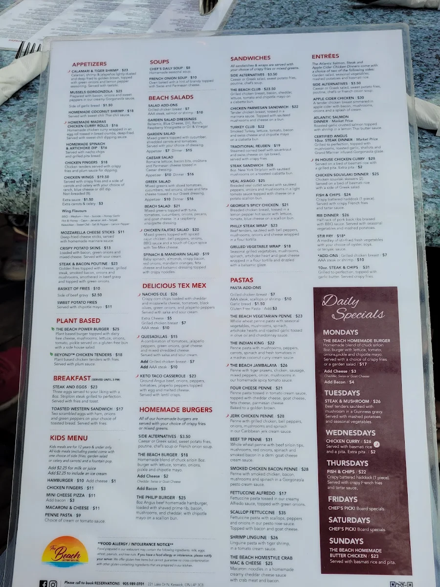 Menu, The Beach Lakefront Bar & Grill