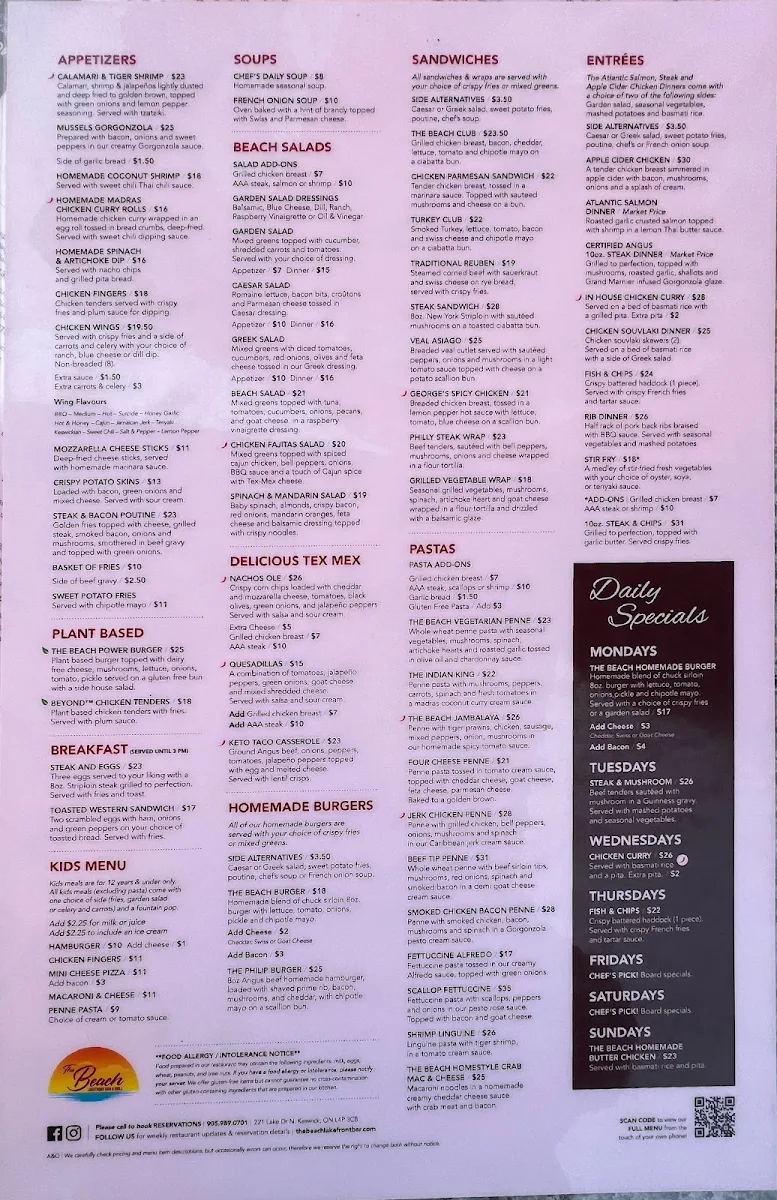 Menu, The Beach Lakefront Bar & Grill