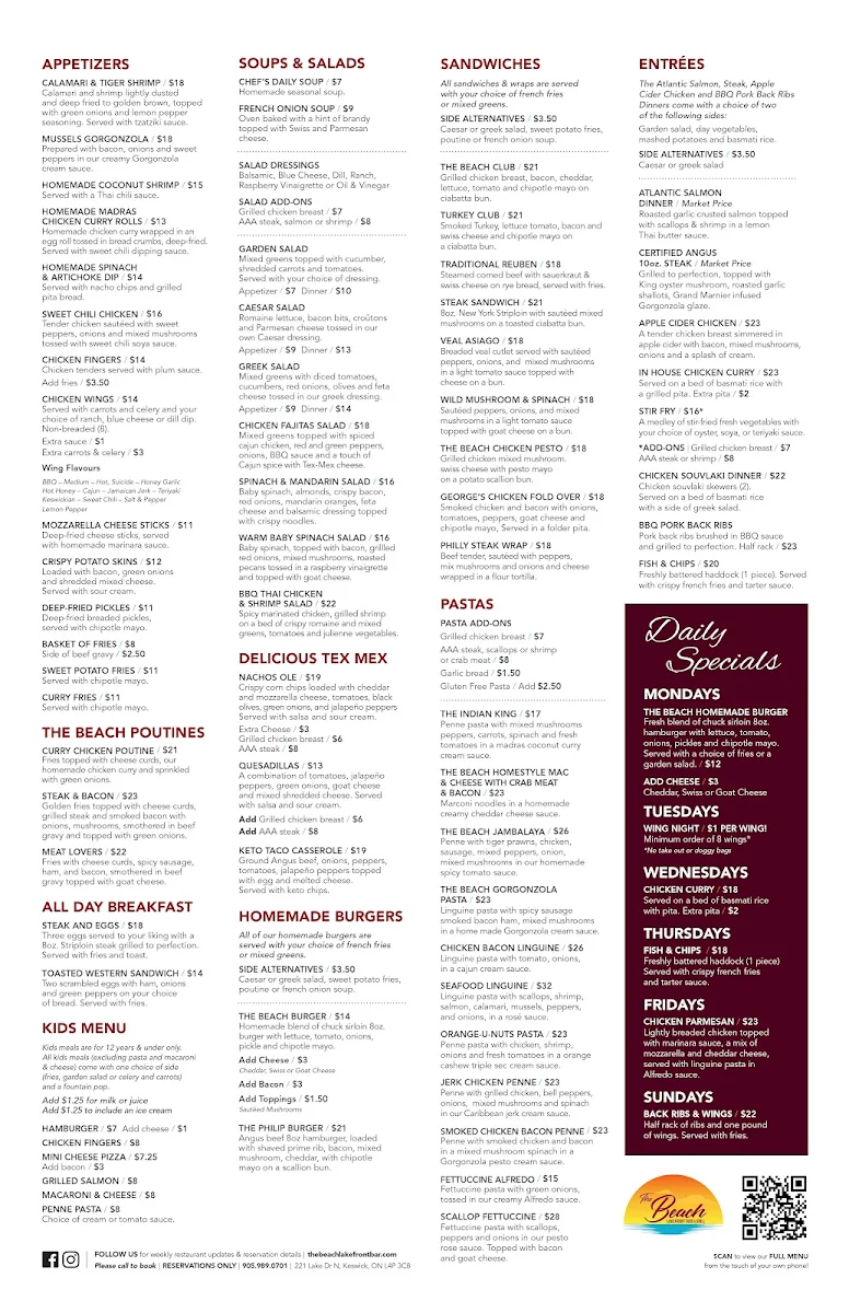 Menu, The Beach Lakefront Bar & Grill