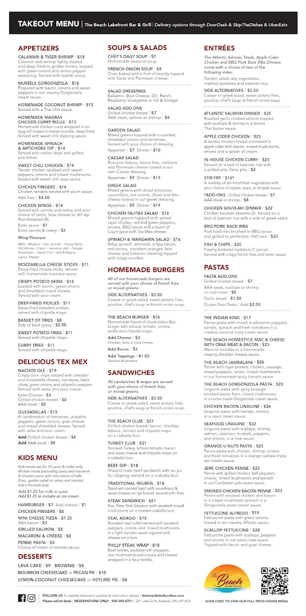 Menu, The Beach Lakefront Bar & Grill