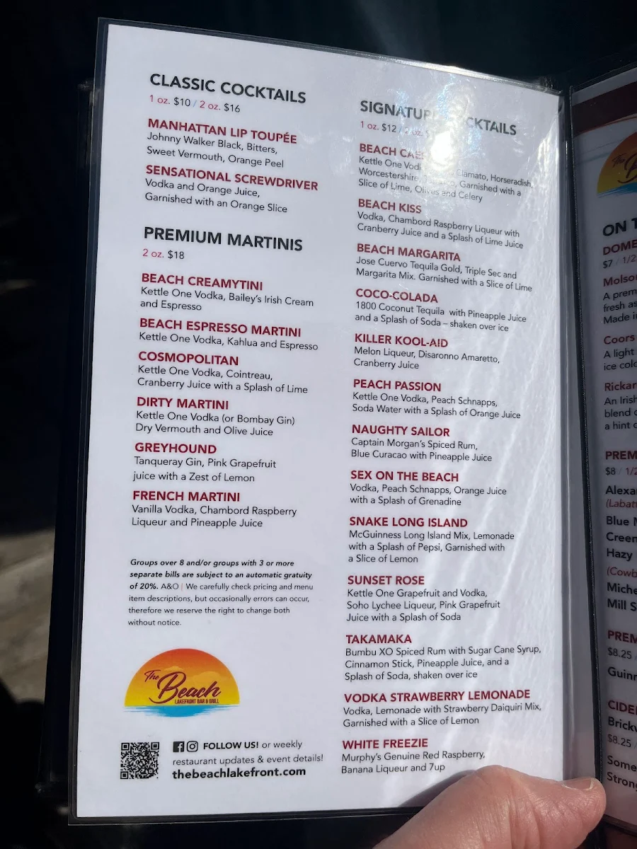 Menu, The Beach Lakefront Bar & Grill