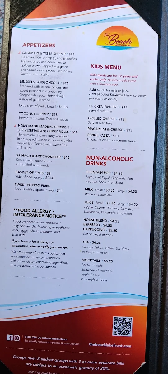 Menu, The Beach Lakefront Bar & Grill