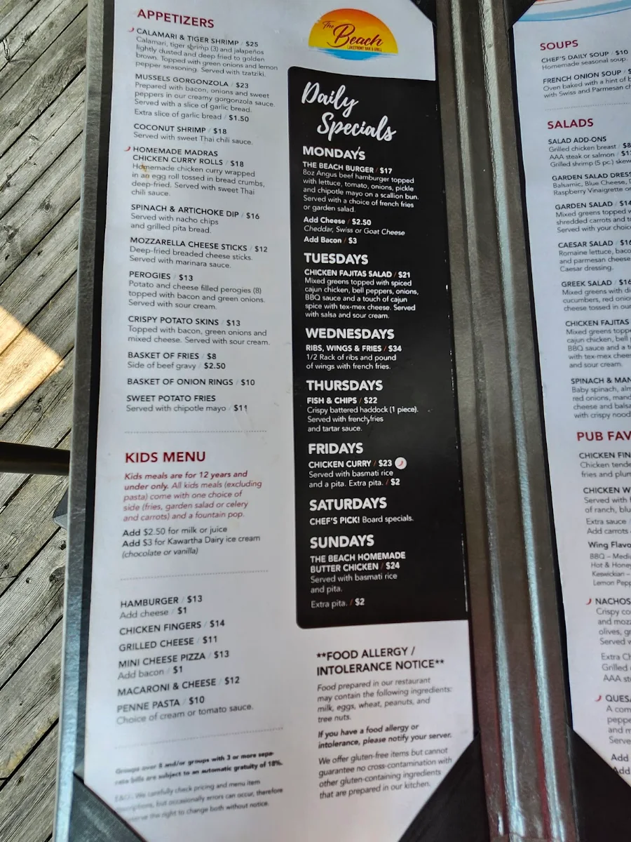 Menu, The Beach Lakefront Bar & Grill