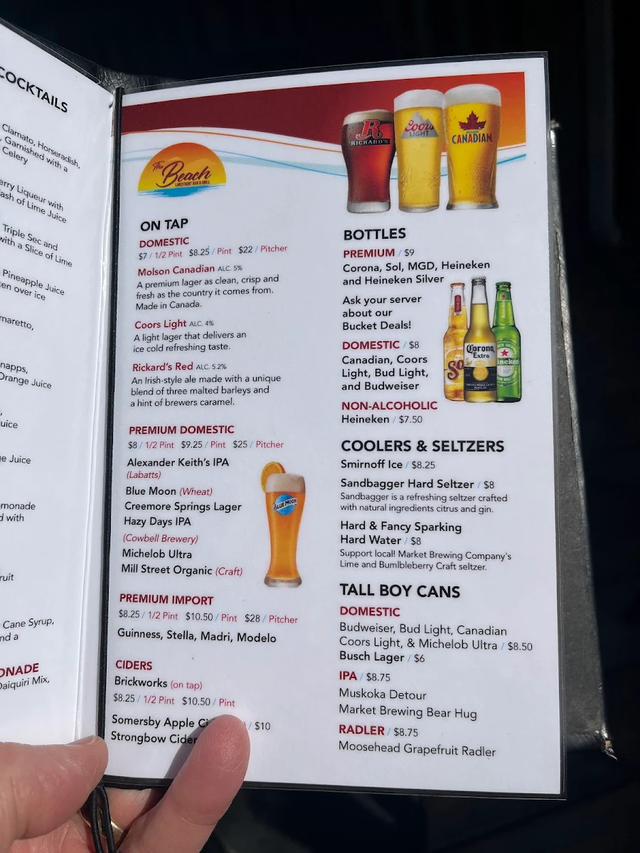 Menu, The Beach Lakefront Bar & Grill