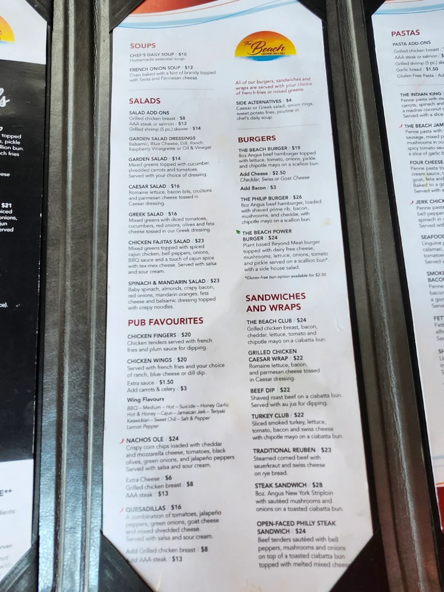 Menu, The Beach Lakefront Bar & Grill