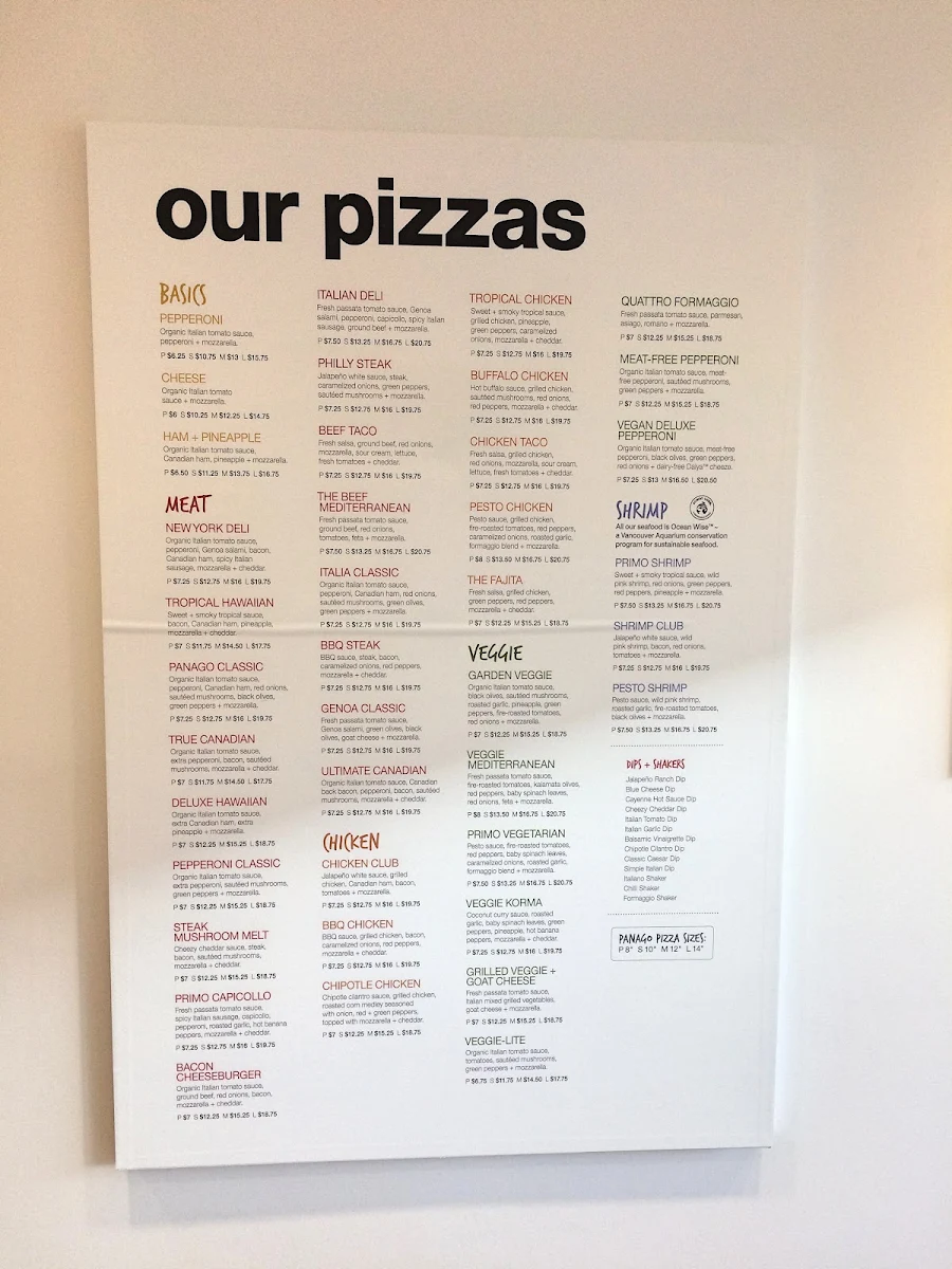 Menu, Panago Pizza
