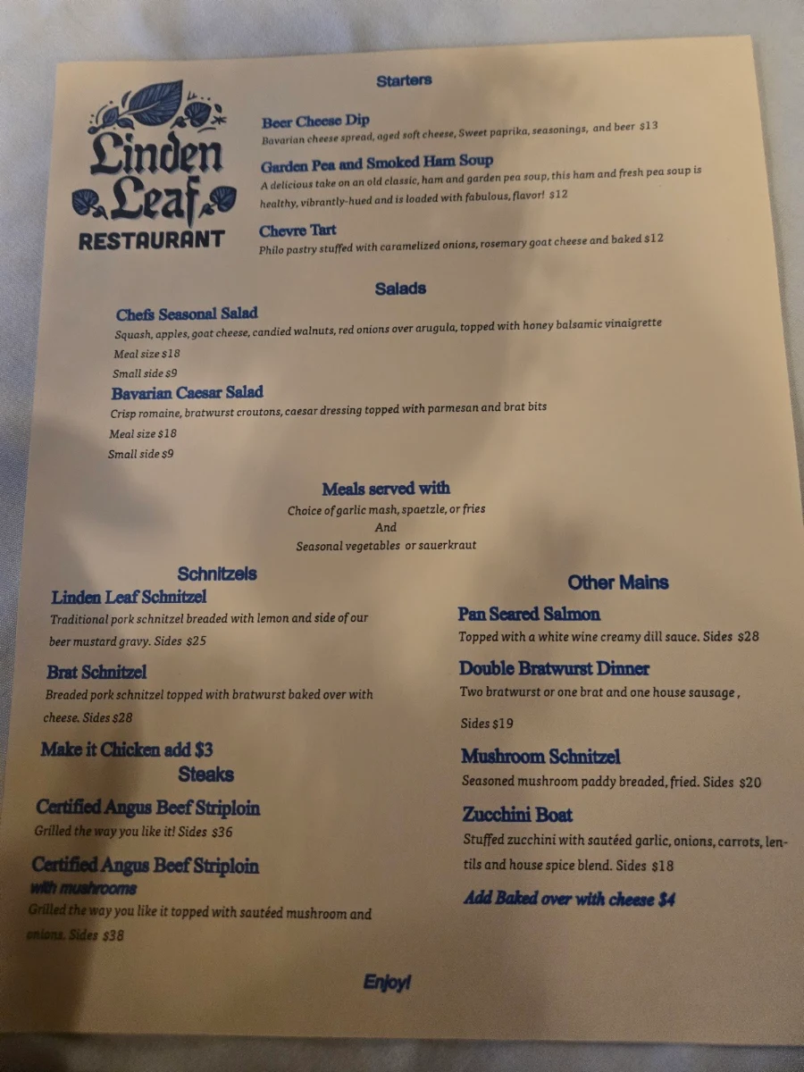 Menu, Linden Leaf Restaurant