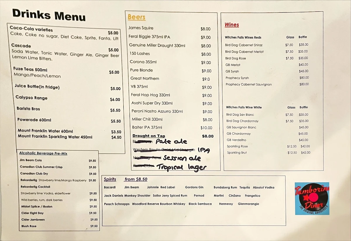Menu, Tamborine Diner