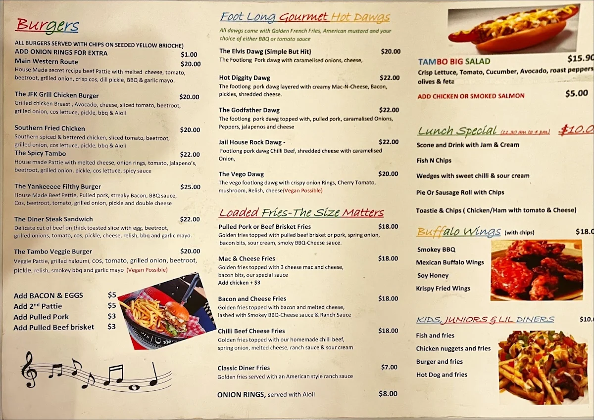 Menu, Tamborine Diner