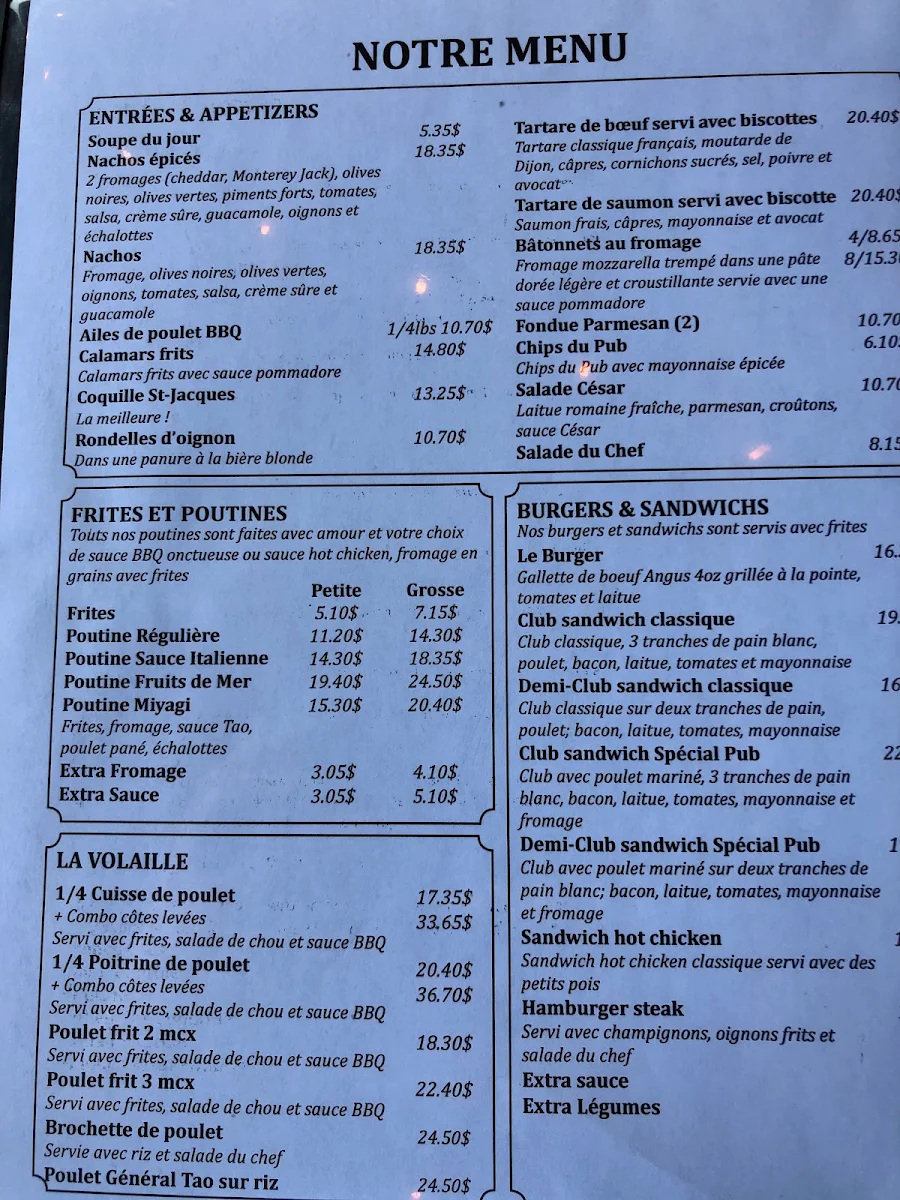 Menu, Resto Pub Gaspésien
