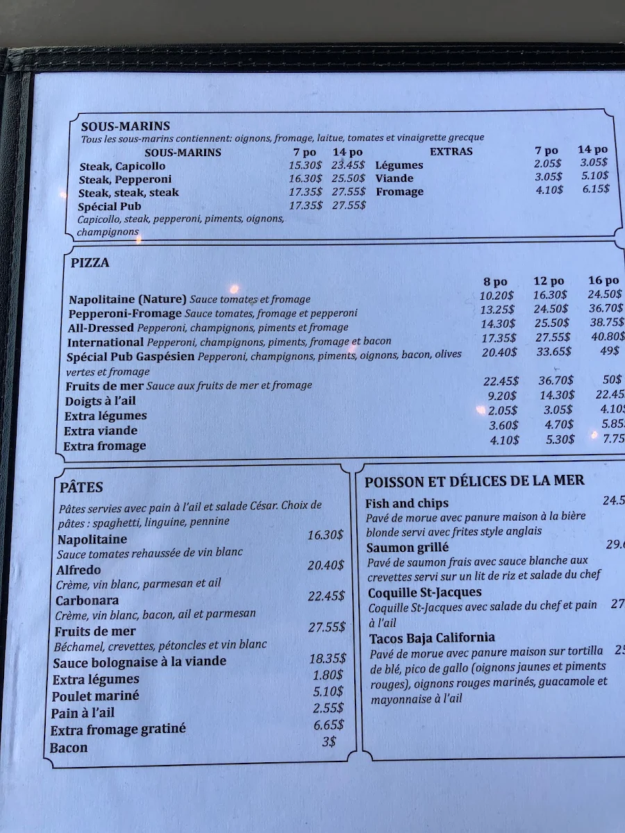 Menu, Resto Pub Gaspésien