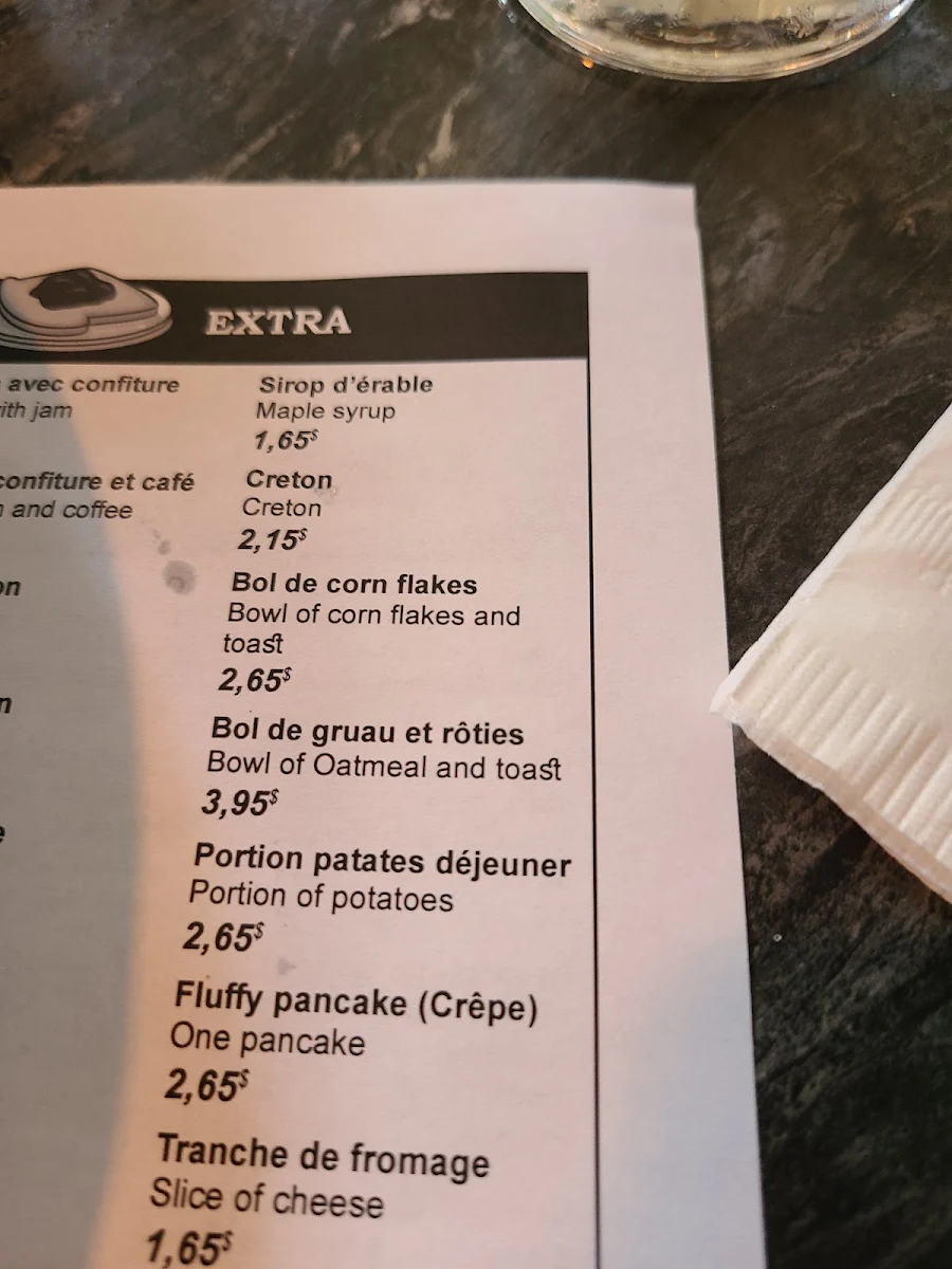 Menu, Resto Pub Gaspésien