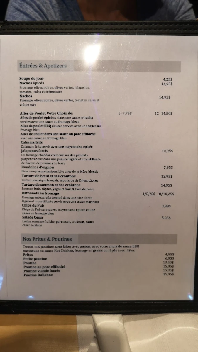 Menu, Resto Pub Gaspésien