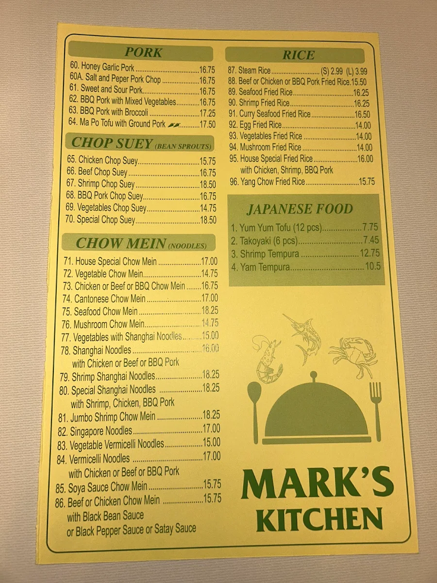 Menu, Mark's kitchen