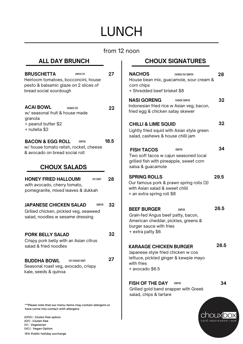 Menu, Choux Box