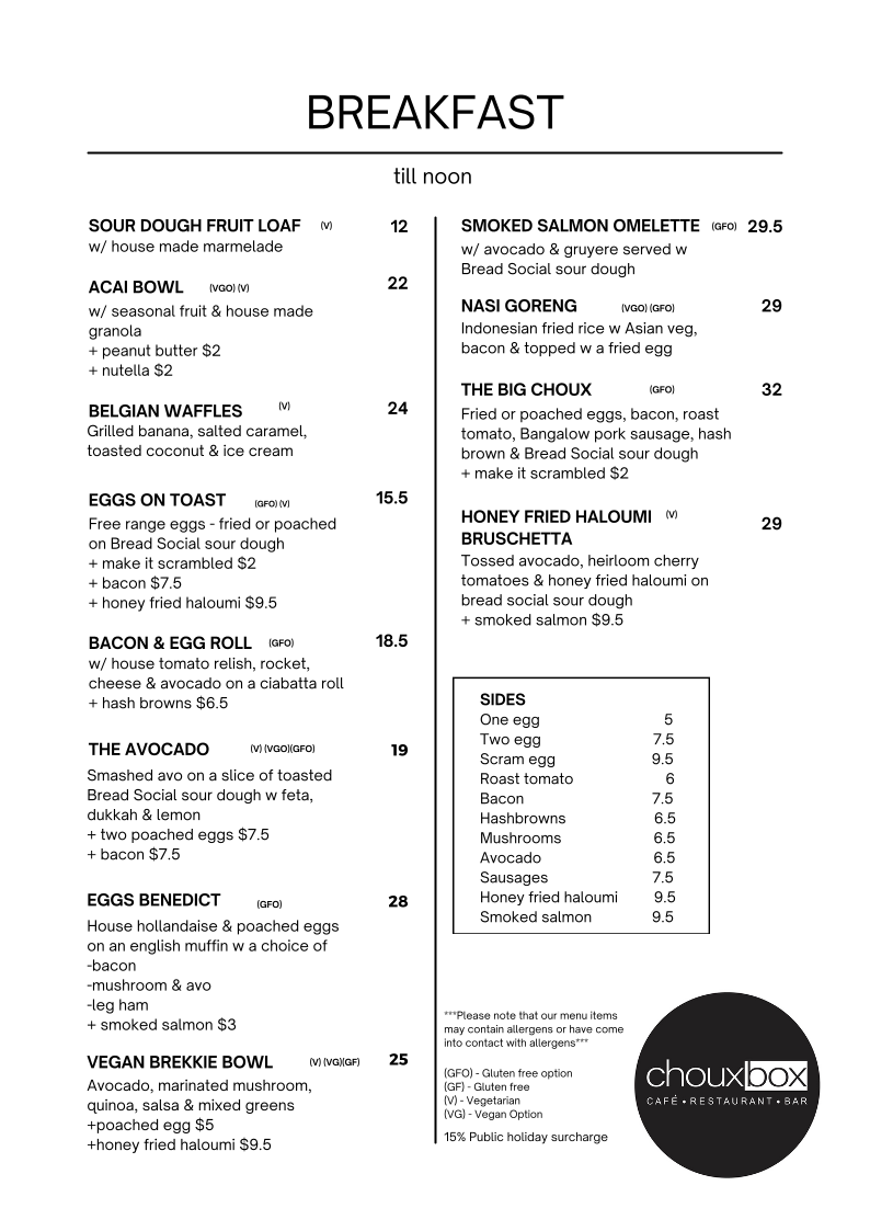 Menu, Choux Box