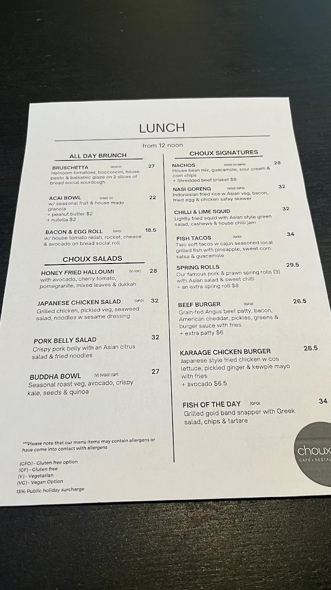 Menu, Choux Box