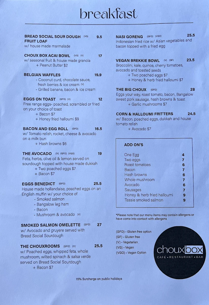 Menu, Choux Box