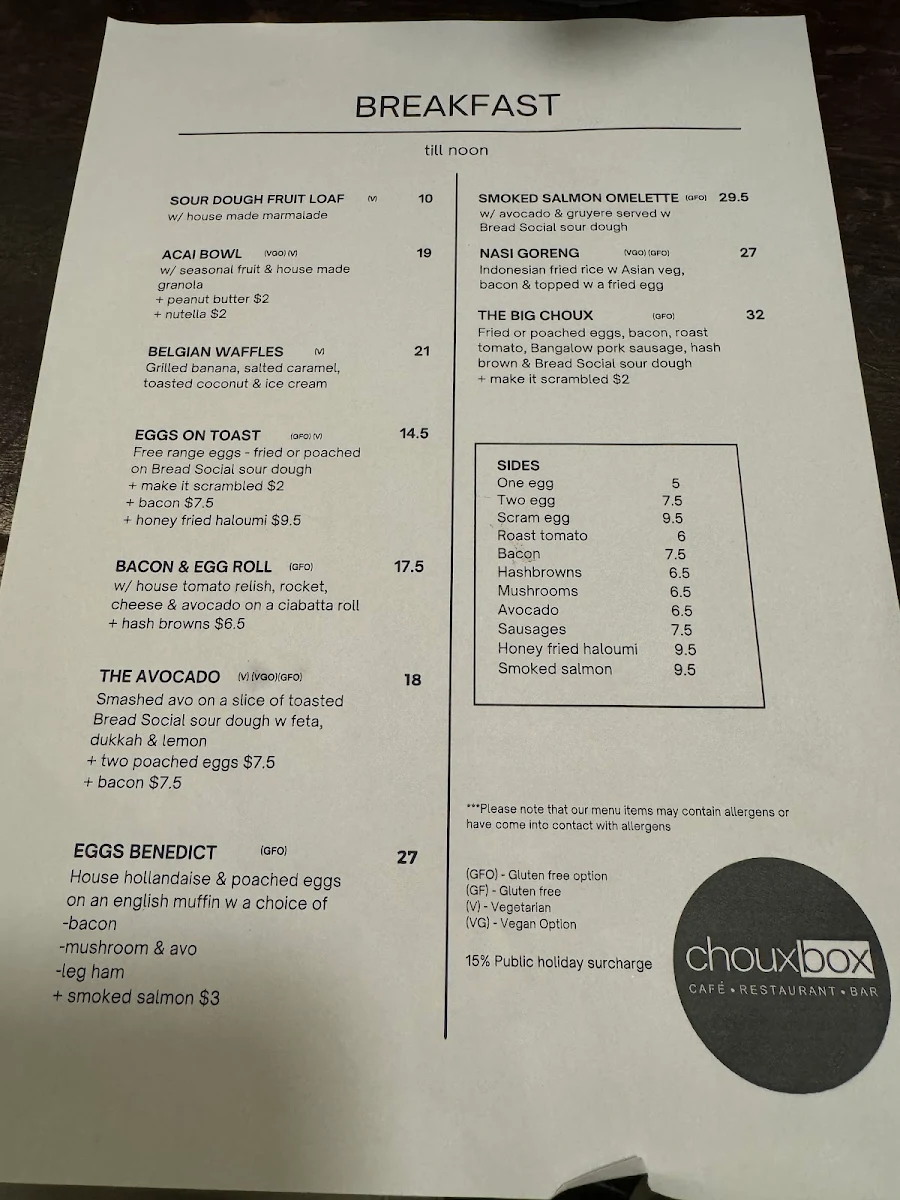 Menu, Choux Box