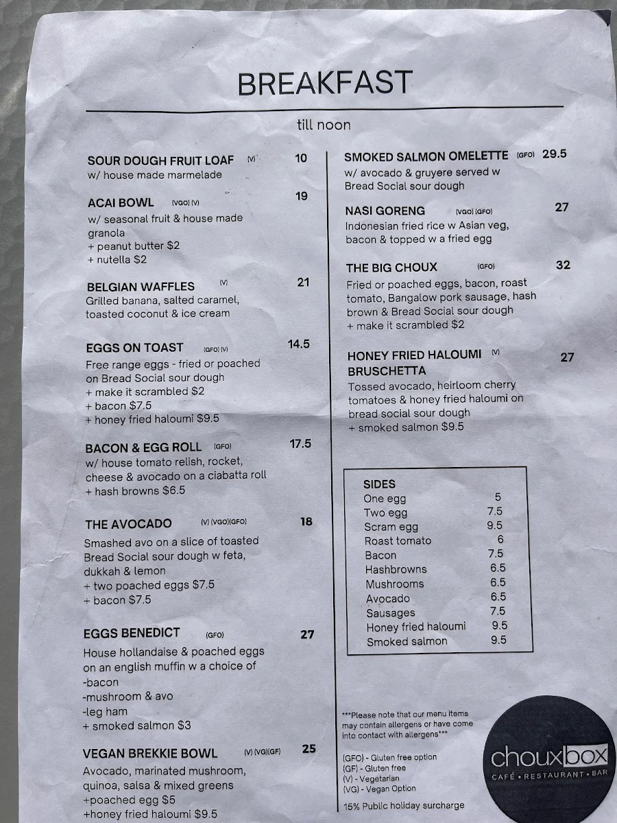 Menu, Choux Box